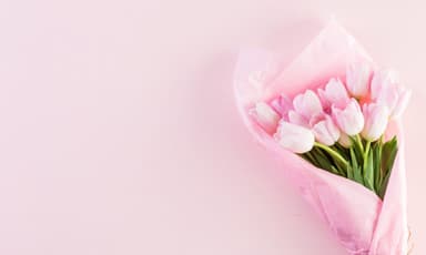 A bouquet of pink tulips wrapped in pink paper on a soft pink background.