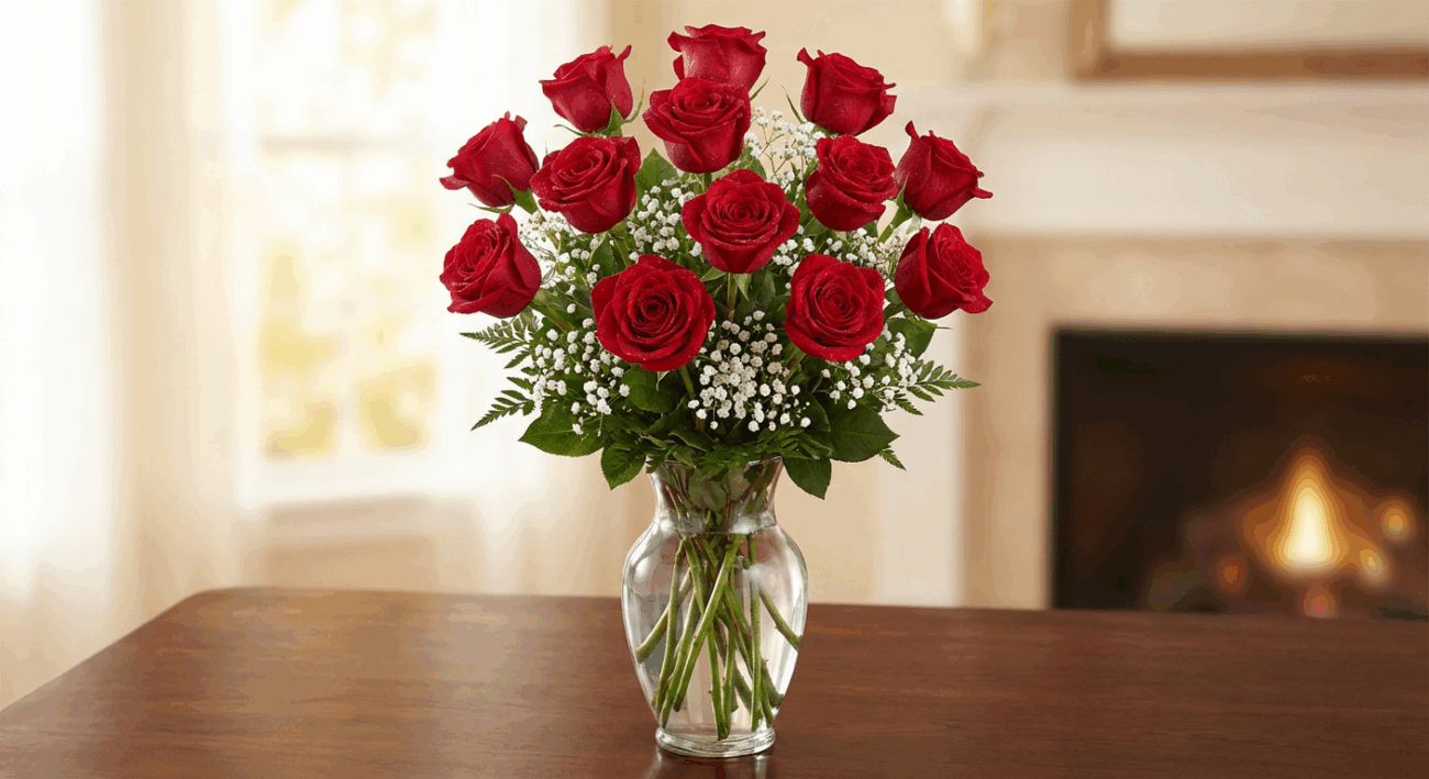 A Classic Statement of Love Dozen Long Stemmed Roses with Baby’s Breath