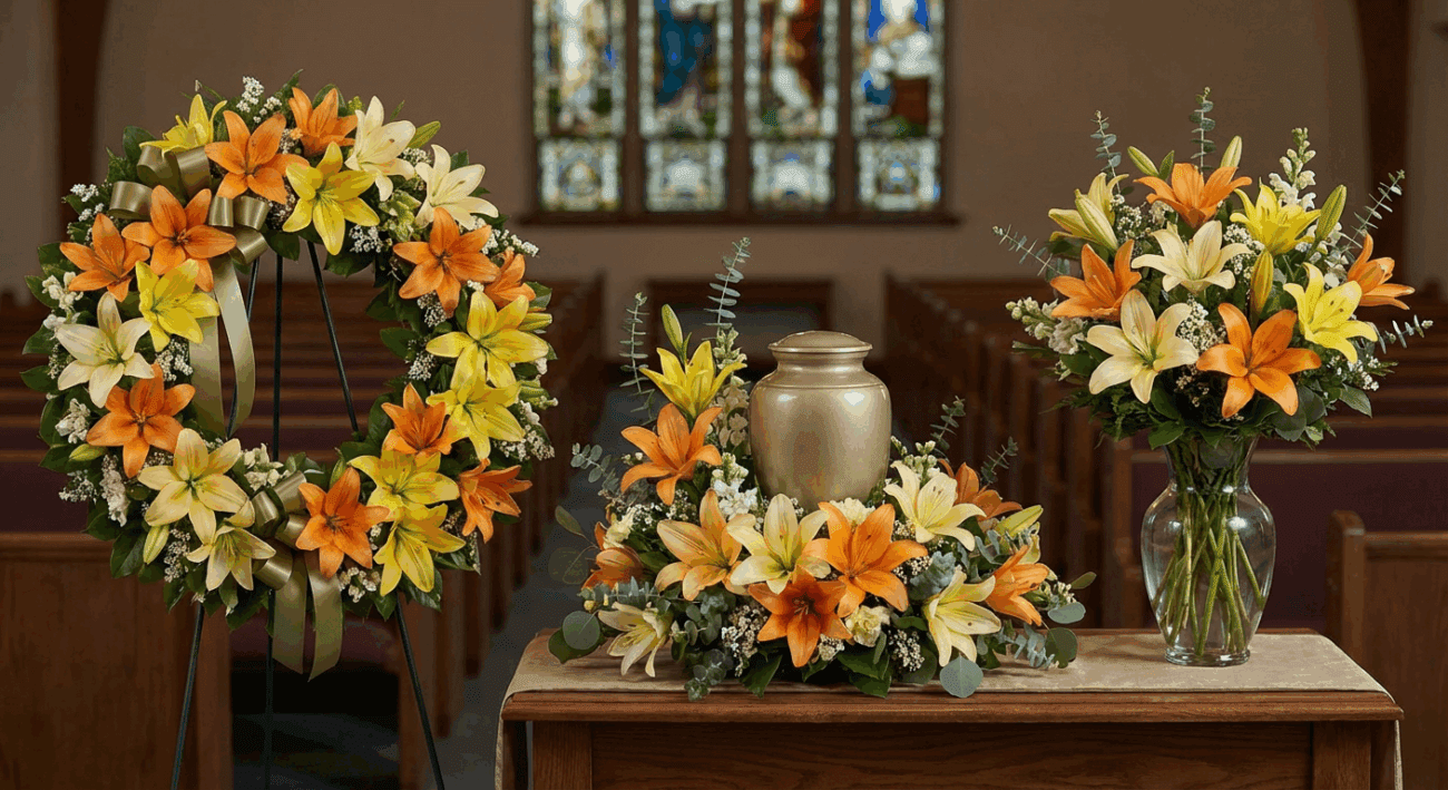 A Comprehensive Tribute The Asiatic Lily Urn Arrangement, Wreath, and Vase Arrangement