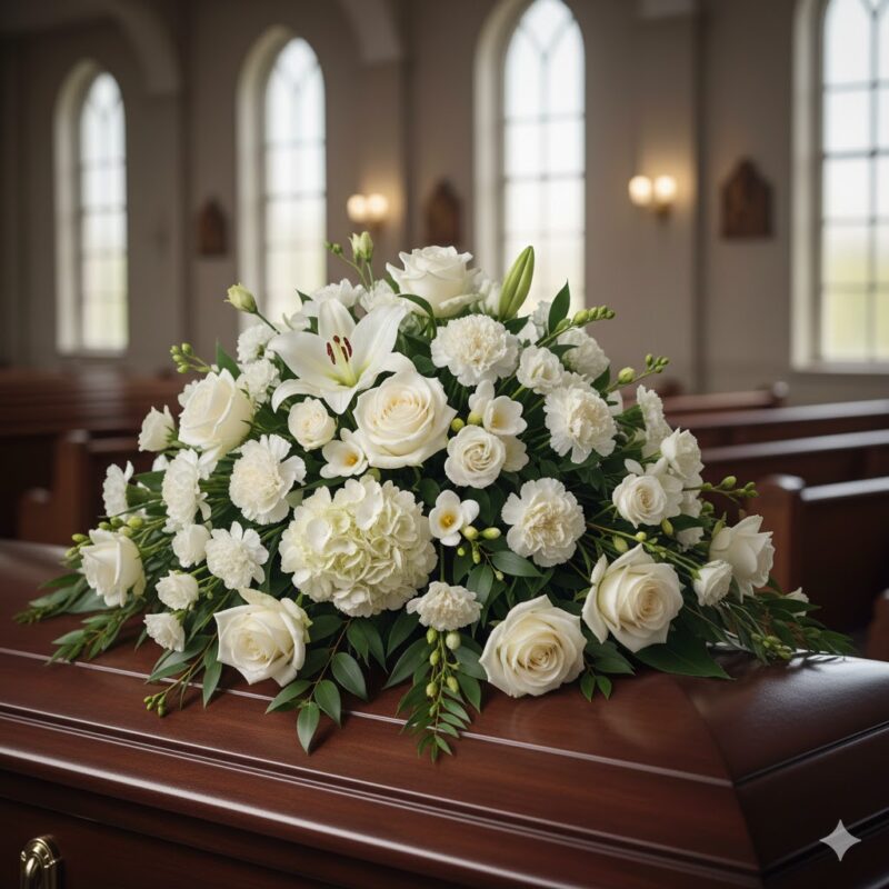 A Serene Tribute: The All White Casket Spray