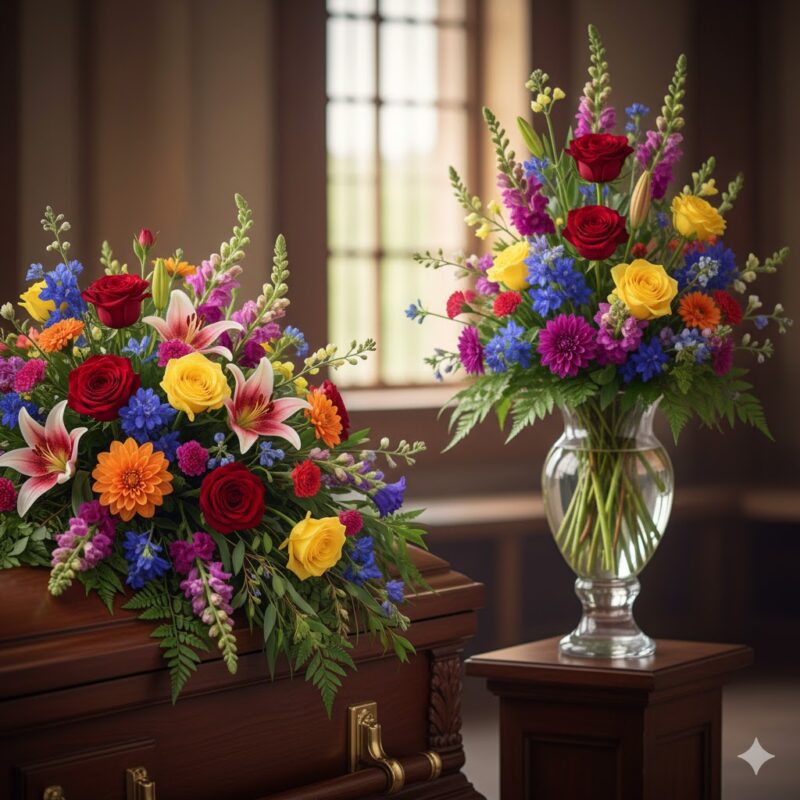 A Vibrant Remembrance: The Polychromatic Casket Spray and Vase Arrangement