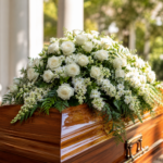 White flower arrangement on a wooden funeral casket.