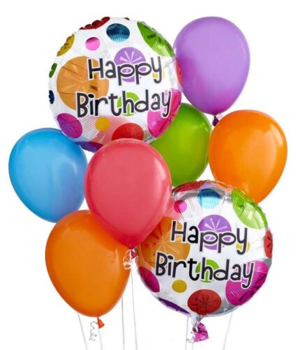 Colorful birthday balloons with Happy Birthday messages.