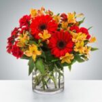 Bright red and yellow flowers arranged in a clear glass vase.