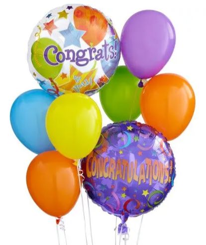 A festive balloon bouquet featuring two large foil "Congrats" balloons surrounded by colorful latex balloons in purple, orange, green, yellow, and blue.