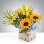 Bright bouquet featuring sunflowers, yellow tulips, and blue hydrangeas in a rustic square vase.