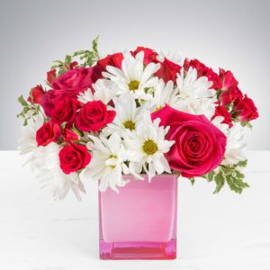 A vibrant bouquet of red roses and white daisies in a pink vase.