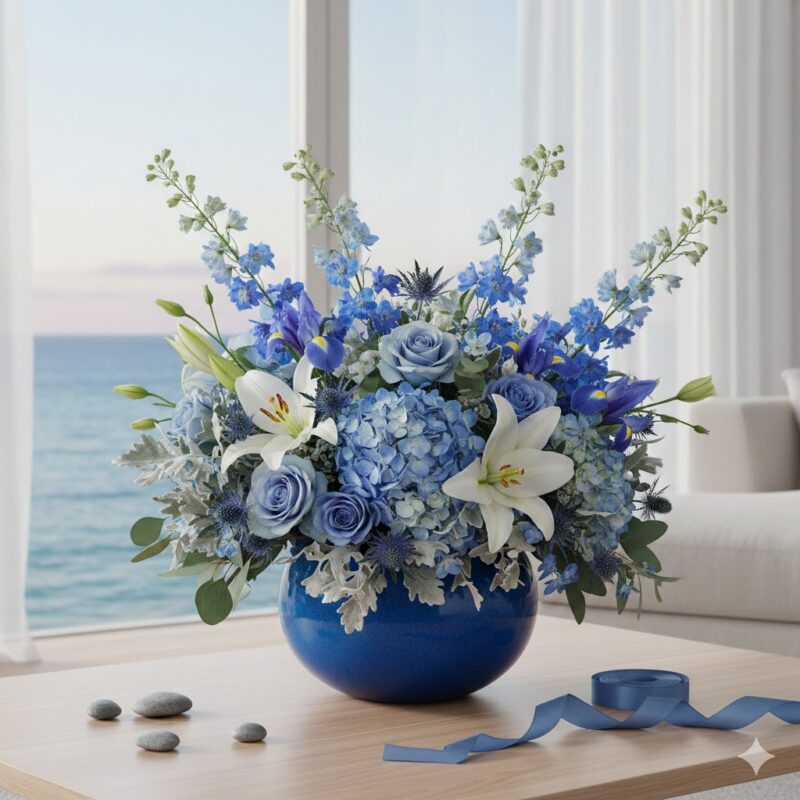 Discover Serenity: The Best in Blue ArrangementThe Best in Blue arrangement from Reema Florist is a vision of calm and elegance, designed to convey deep sincerity and tranquility. This luxurious, handcrafted flower arrangement features a stunning combination of premium blue and white flowers, creating a serene visual masterpiece. It is the perfect flower bouquet for a range of meaningful occasions, whether you are celebrating a new life with New Baby Flowers, sending wishes for health with Get Well Flowers, or brightening a home for Easter and Passover Flowers. As Nashville’s premier local, woman-owned florist, we specialize in boutique-style, premium flowers delivered with warmth and professionalism. When you seek a beautifully composed blue flower arrangement nashville can rely on during sensitive occasions, the Best in Blue arrangement stands out for its serene artistry and guaranteed freshness. Handcrafted Luxury for Every Season At Reema Florist, the creation of every Best in Blue arrangement is a process rooted in meticulous craftsmanship and attention to detail. Our skilled designers select only the freshest, highest-grade premium flowers, ensuring a vibrant and long-lasting display. The gentle blue and white palette is particularly fitting for ushering in the new season as a gorgeous centerpiece among Spring Flowers, symbolizing hope and new beginnings. This dedication to boutique style ensures your bouquet is a unique, luxurious gift. Choosing this magnificent flower arrangement supports a local, eco-friendly business. We are committed to responsible sourcing and compassionate customer service. The container presentation makes this bouquet instantly ready for display, making it a convenient and thoughtful gift, especially for hospital deliveries or "Just Because Flowers." We also happily accommodate requests for pet-safe options. Trustworthy Same-Day Flower Delivery in Nashville Reliability is a cornerstone of our service, especially when the message is important. Our conversion-focused commitment ensures guaranteed same-day or next-day delivery for the captivating Best in Blue arrangement across the entire Nashville area. This trustworthy service allows you to send a luxurious gift with complete confidence, knowing your premium flowers will arrive fresh, flawless, and handled with care. The emotional value of the Best in Blue arrangement is its calming presence. It transforms a simple gift into a sophisticated expression of care and support. Whether it's to console, congratulate, or simply remind someone they are valued, this flower bouquet perfectly embodies a friendly, warm sentiment. Discover the exceptional quality and trusted local expertise of Reema Florist. Order your Best in Blue arrangement online today and let us deliver a handcrafted, luxurious symbol of serenity. We are dedicated to making every flower arrangement a graceful and comforting experience.
