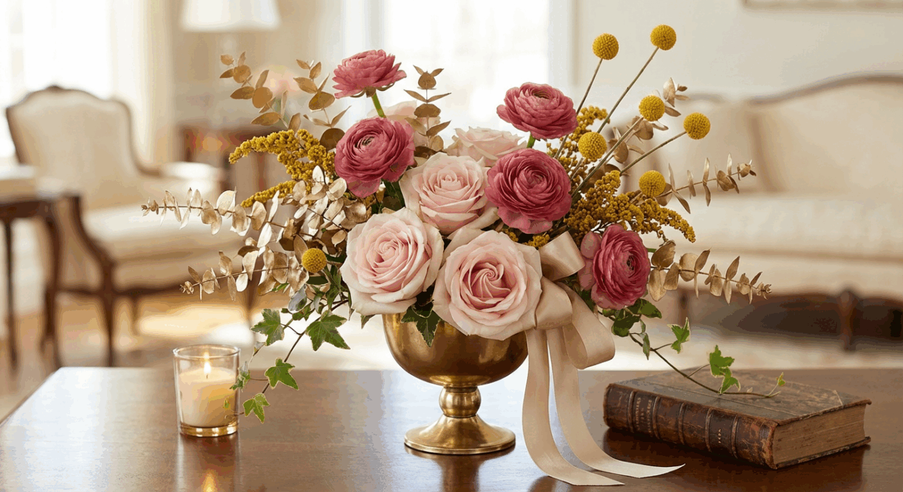 Discover the Timeless Elegance of the Gold ‘N’ Rosy Arrangement Flower