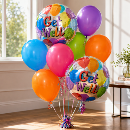 A festive bouquet of colorful balloons featuring two round silver foil balloons with the text "Get Well" in multi-colored letters, surrounded by various solid-colored latex balloons in purple, green, orange, blue, and red.