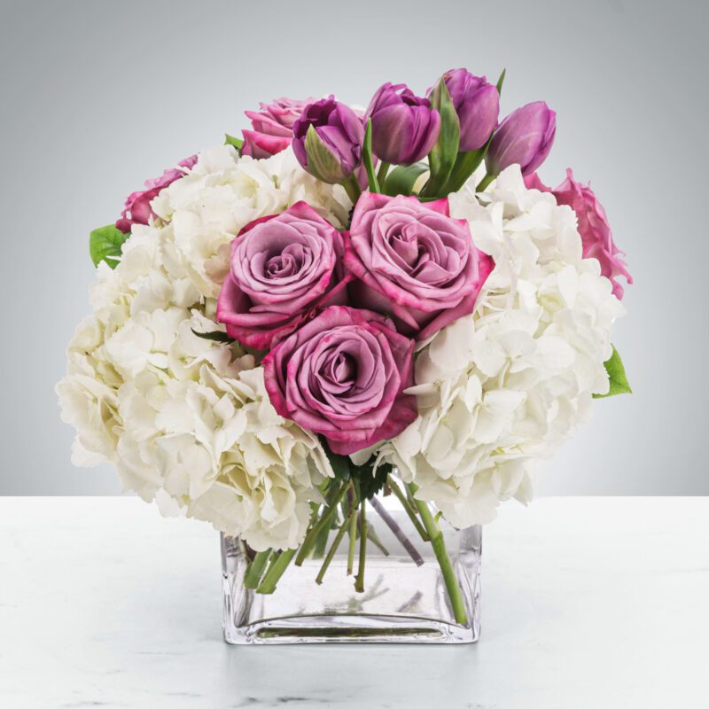 Elegant bouquet of purple roses and white hydrangeas in a glass vase.
