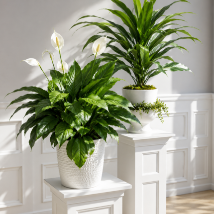Two elegant potted plants on white pedestals against a minimalist background.