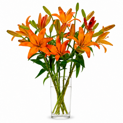 A vibrant bouquet of orange lilies with green stems and leaves.