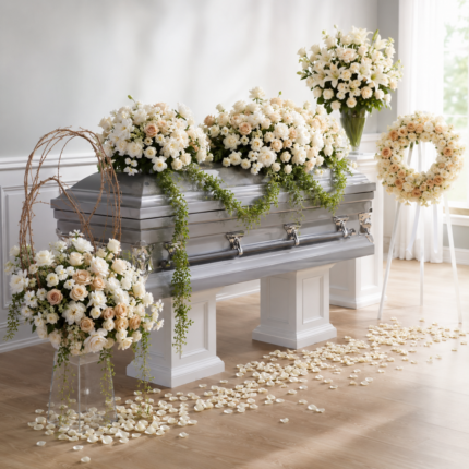 Elegant white floral arrangements adorning a modern silver casket.