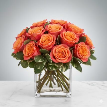 A compact arrangement of vibrant orange and coral roses with bi-color petals, accented with variegated green and white leaves, presented in a clear square glass vase on a marble surface.