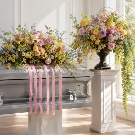 A silver casket adorned with floral arrangements and ribbons.