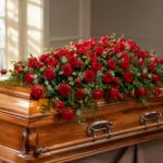 A wooden coffin adorned with a bouquet of red roses.