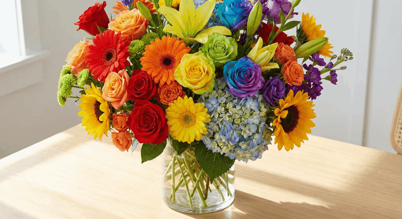 Send a Burst of Joy with the Ravishing Rainbow Flower Arrangement