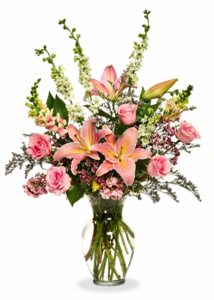 A vibrant bouquet featuring pink lilies and roses with lush greenery.