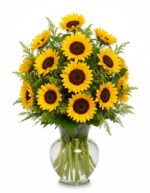 A vibrant floral arrangement featuring approximately a dozen bright yellow sunflowers with dark brown centers, accented with green solidago filler flowers, presented in a clear glass hourglass vase against a white background.