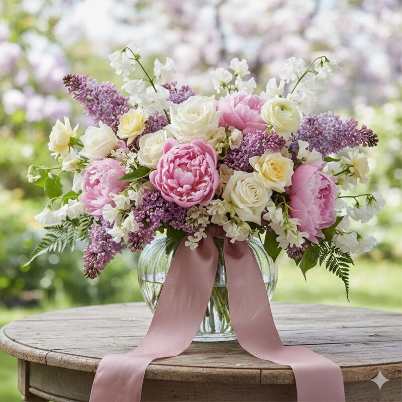 Colorful mixed flower bouquet in a clear square vase.