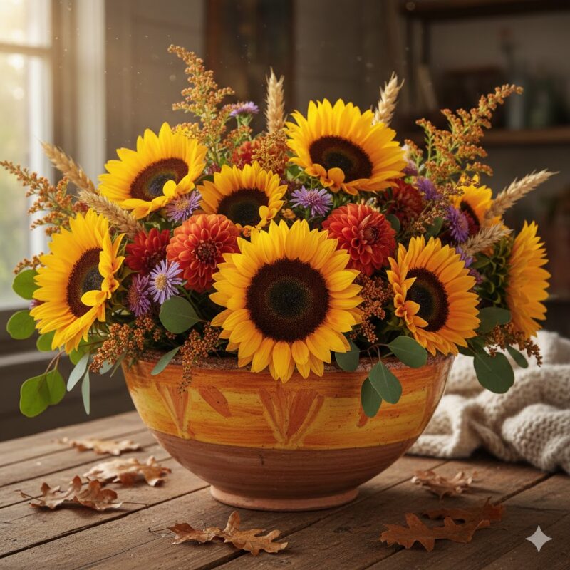 Sunny Sunflowers Bowl: Radiate Warmth with Autumn Flowers
