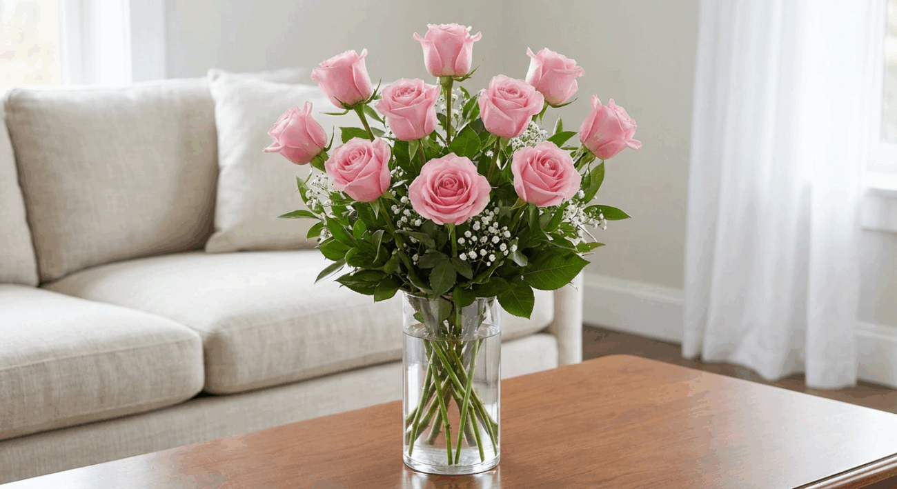 The Epitome of Grace Dozen Long Stemmed Pink Roses Arrangement