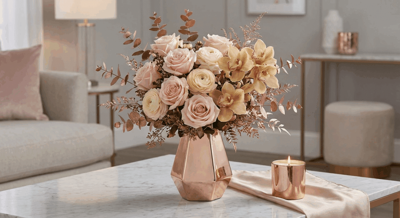 The Rose Gold Arrangement Modern Romance, Luxurious Style