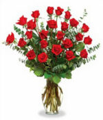 A bouquet of vibrant red roses with green foliage.