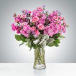 A vibrant bouquet of pink flowers in a clear glass vase.