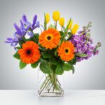 A vibrant bouquet of orange, purple, and yellow flowers in a glass vase.