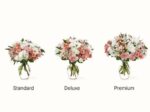 Three variations of the "Blush Crush" flower arrangement (Standard, Deluxe, and Premium) featuring pink roses, white daisies, and pink carnations in clear glass vases, arranged side-by-side on a white background.