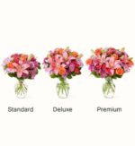 Three varying sizes of a vibrant pink and orange floral bouquet in clear glass vases, labeled Standard, Deluxe, and Premium.