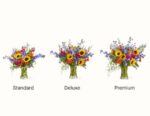 Three variations (Standard, Deluxe, and Premium) of the "Rays of Life" floral arrangement featuring sunflowers, purple irises, and pink carnations in glass vases against a white background.