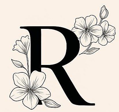Elegant letter R adorned with floral designs.