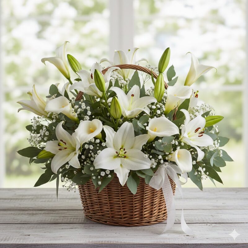 The Peaceful White Lilies Basket: A Serene Tribute of Love