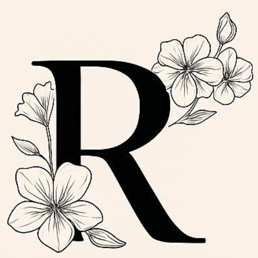 Decorative letter R with floral designs.