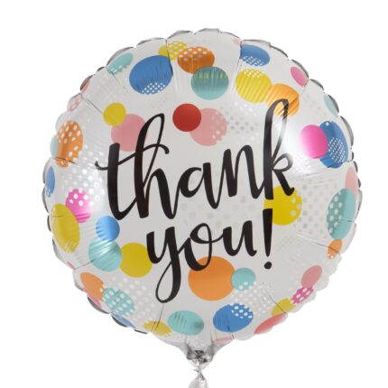 Colorful balloon with 'thank you!' text and confetti design.
