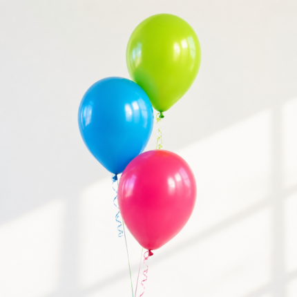 Three colorful helium balloons floating against a white background.