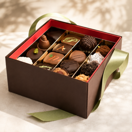 Box of assorted chocolates with a green ribbon.