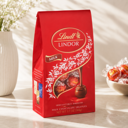 A red package of Lindt Lindor Milk Chocolate Truffles.