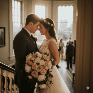 Couple sharing an intimate moment on their wedding day.