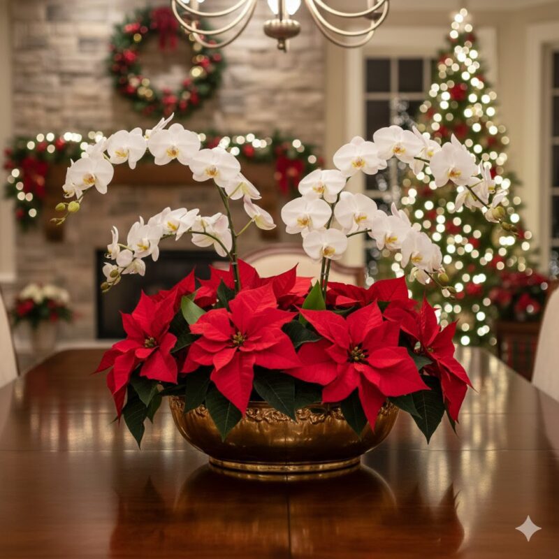 A Luxurious Centerpiece The White Orchid & Red Poinsettia Garden flower Bouquet