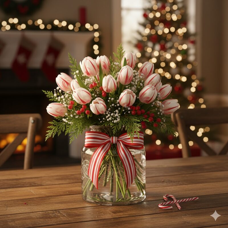 The Sweetest Holiday Bloom Candy Cane Tulips Flower Arrangement