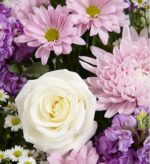 A close-up photograph of a floral arrangement featuring a prominent white rose, light pink daisies, lavender stock flowers, and small white aster-like filler flowers.