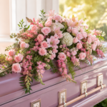 A premium casket spray floral arrangement featuring soft pink lilies, roses, carnations, and white hydrangeas, elegantly draped over a lavender-colored casket.