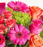 A vibrant close-up of a floral bouquet featuring bright pink gerbera daisies, orange and pink roses, and a central lime green chrysanthemum.