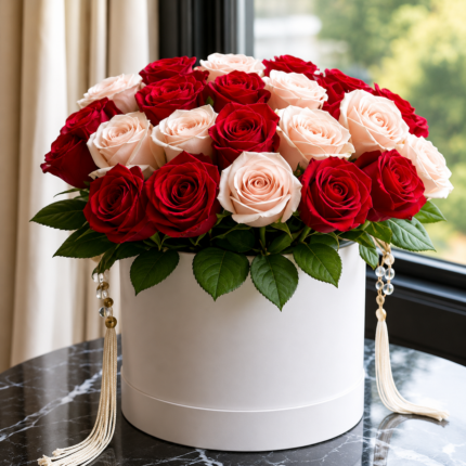 A luxurious white cylindrical gift box filled with a dense arrangement of fresh red and pale pink roses, decorated with elegant cream tassels.