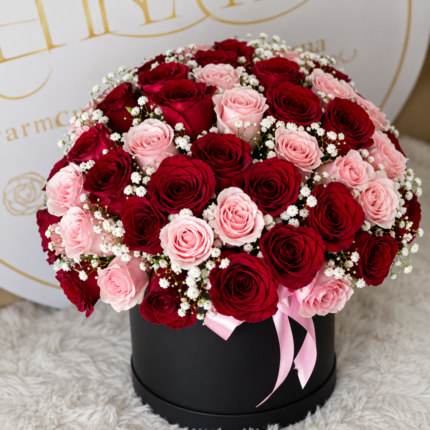 A dense, dome-shaped floral arrangement of deep red and light pink roses mixed with white baby's breath, presented in a cylindrical matte black gift box with a pink satin ribbon.