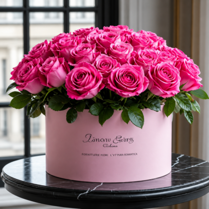 A luxurious arrangement of vibrant fuchsia roses tightly packed in a round, light pink hat box, placed on a black marble pedestal table.